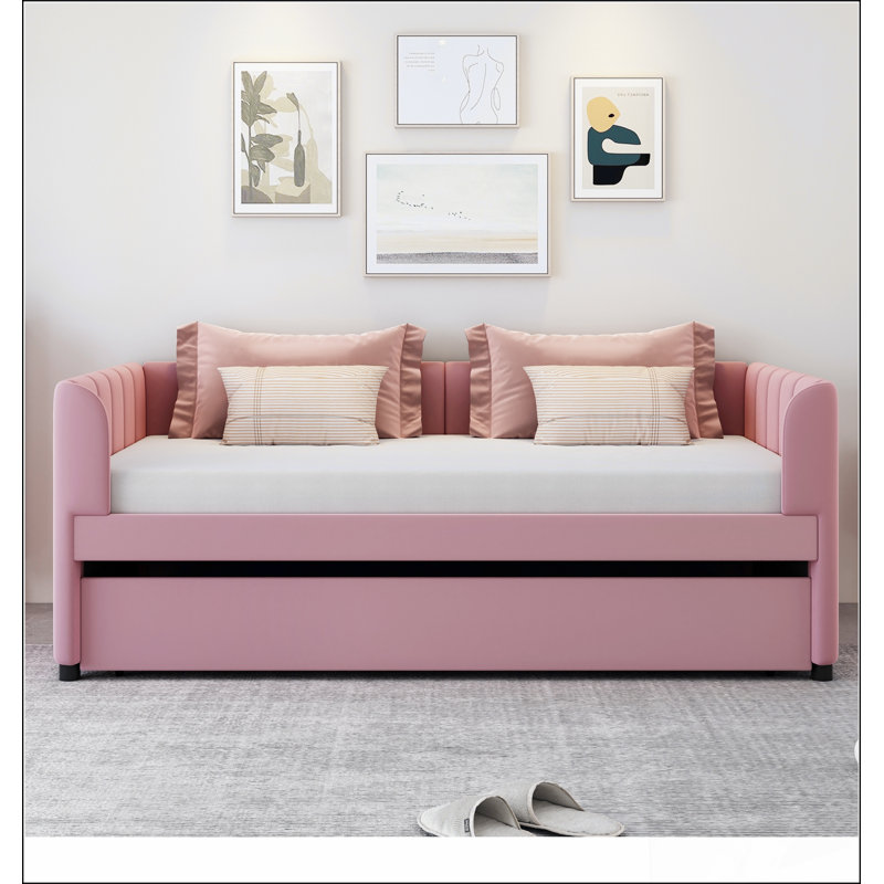 Lit de jour rembourré avec dossier ergonomique et lit gigogne pour une vie confortable et peu encombrante, Rose