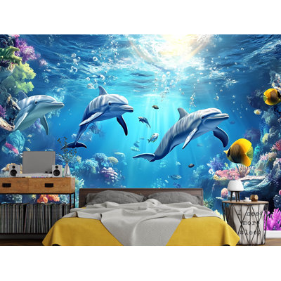 3D Dolphins And Coral Reef Wall Mural – Colorful Underwater Scene For Kids Or Ocean-Themed Rooms, Vibrant Marine Life Wallpaper
