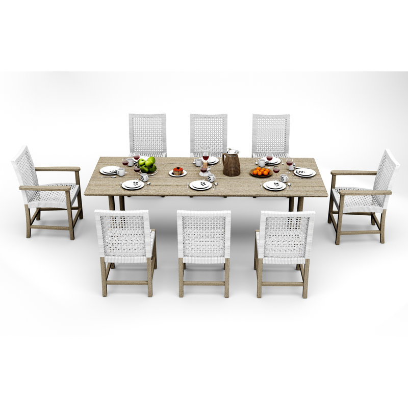 6 Seats 7 Pcs Grade-A Weathered Teak Wood Dining Set: 98" Sema Rectangle Table  And 6 Alsoi Chairs (2 Arm & 4 Armless Chairs) #11AI3302