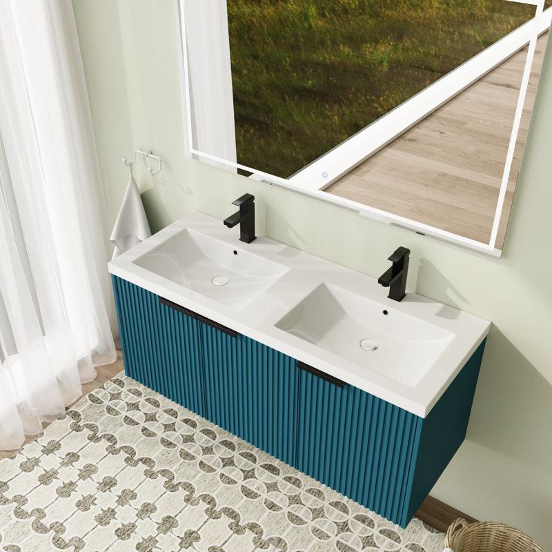 Meuble-lavabo flottant mural 48 po avec plateau en résine et porte à fermeture en douceur 48 po, Bleu lac