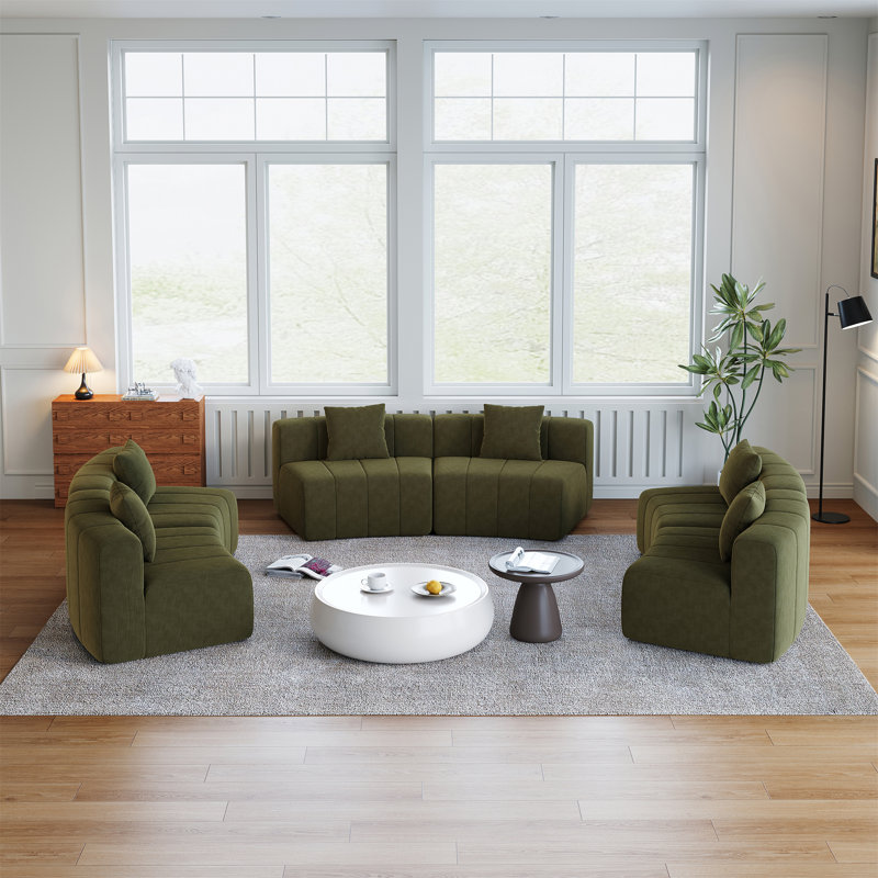 Canapé modulaire courbé en chenille avec 6 coussins, Chenille verte