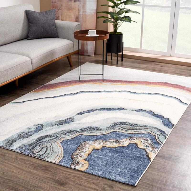 Tapis blanc / bleu / brun Amid, Rectangle 5 pi 2 po x 7 pi 6 po