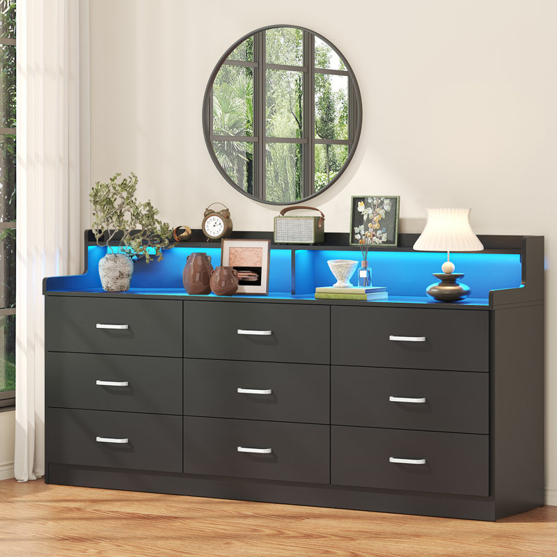 White 9 Drawer Dresser with Charging Station & Led Lights for Bedroom, 63" Large Deep Chest of Drawers,Wooden Dresser Storage Cabinet with 9 Drawers for Bedroom, Long  Dressers for Living Room, Hallway