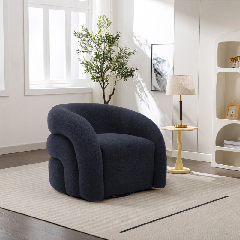Fauteuil demi-tonneau pivotant rembourré Aunna, Mélange de polyester bleu marine