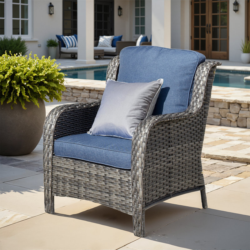 Guillen Wicker/rattan Patio Chair With Cushions, Blue Cushion/Gray Frame