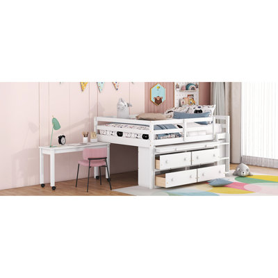 Full Loft Bed With Retractable Desk Feature - Stylish & Practical White 4 Drawer Storage Unit Construction