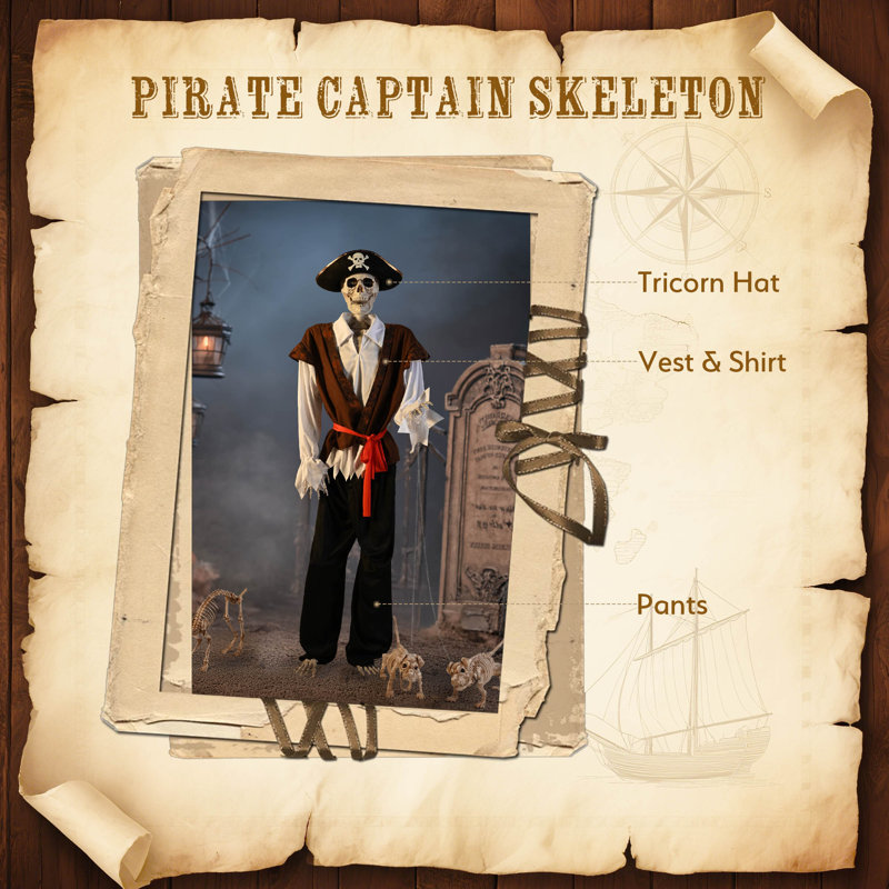 5.6 Ft Halloween Pirate Captain Skeleton Life Size Skull Movable Joints Party Outdoor Decoration