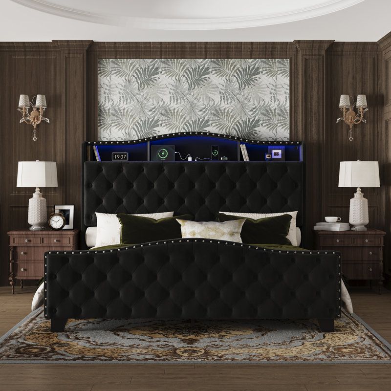 Tufted Velvet Platform Bed Curved Headboard Bed With Light, Black, King