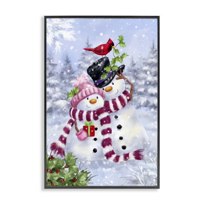 «Happy Snowman & Cardinal», art de la giclée encadrée par Jean-François, H 18 po x l 12 po, Giclée encadrée noir minuit