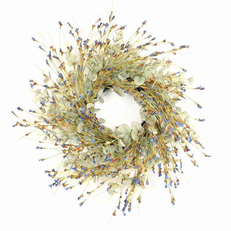 Couronne de porte artificielle florale 24 po Eucalyptus Spring Summer, Vert/bleu