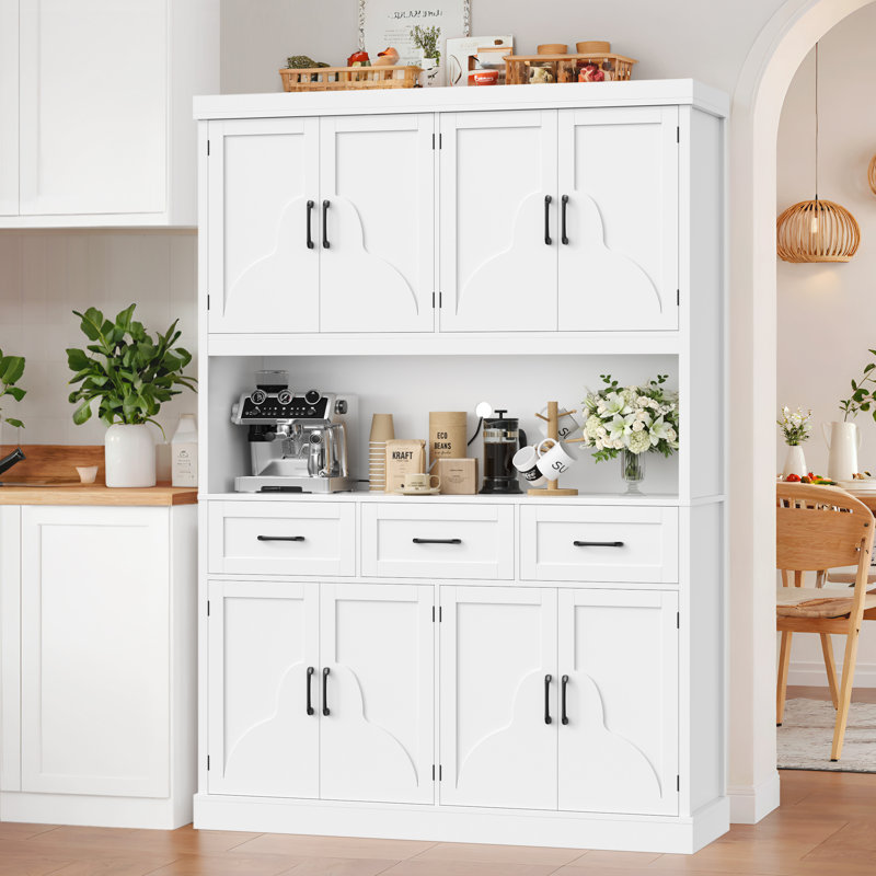 Armoire pour garde-manger 75,7 po en bois blanc avec tablette à micro-ondes, 8 portes et 3 tiroirs, Blanc