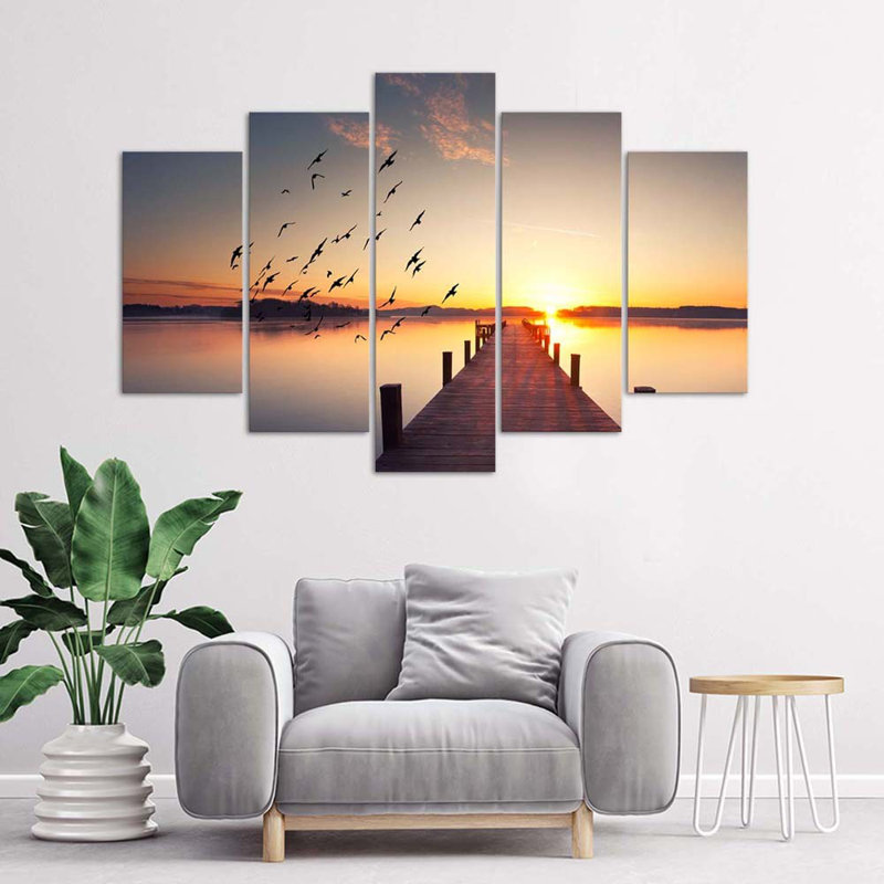 Jetty Birds At Sunset - 5 Piece Wrapped Canvas Set