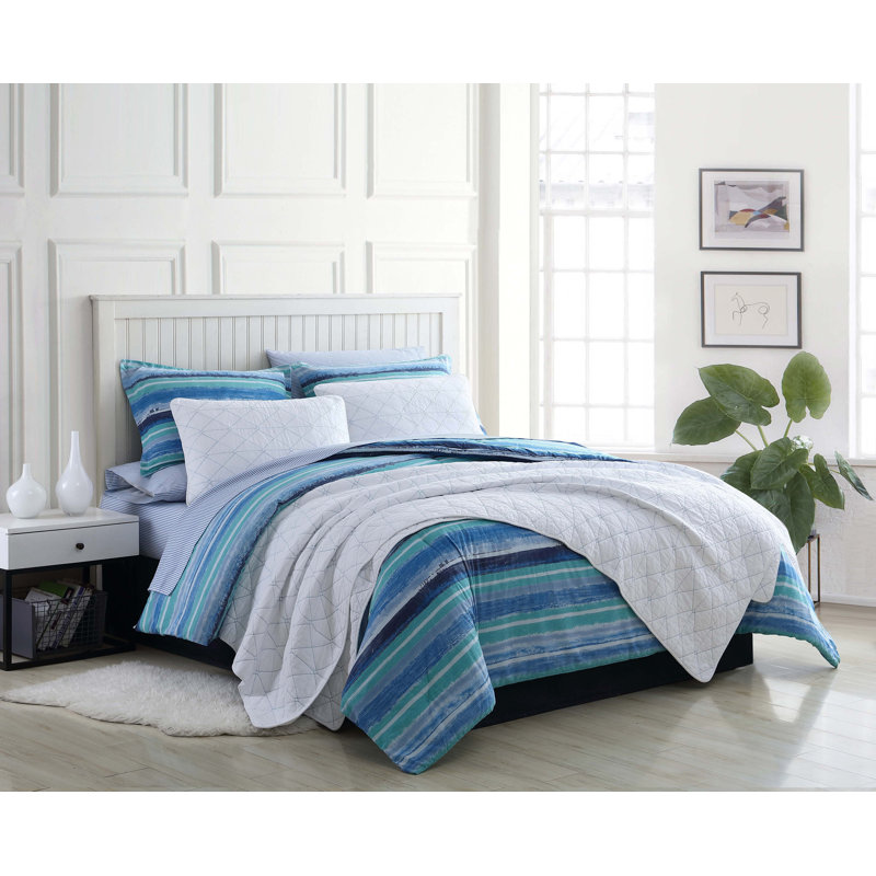 Full Blue Cotton Reversible Nautical Comforter Set