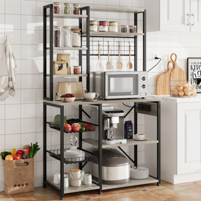 7-Tier Microwave Stand with Storage and Power Outlets, Kitchen Baker Rack with Hooks, Multi-Functional Organizer for Kitchen, Dining Room, or Bakery