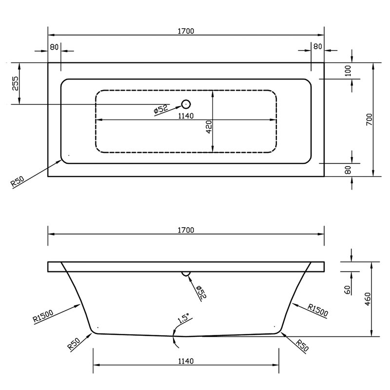 Asselby Square 1700mm Standard Acrylic Bathtub, 170 x 70cm