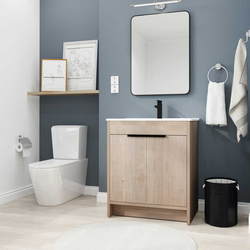 Meuble-lavabo autoportant de 30 pouces. Lavabo en céramique blanche et 2 portes. Moderne. Chêne uni. Contreplaqué. Tablette réglable. Poignées en métal pour un meuble-lavabo autoportant magnifique, en pouces. Céramique.