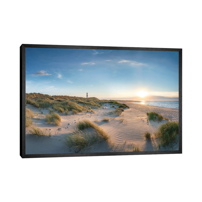 Dune Landscape with Lighthouse at Sunset, North Sea Coast, Sylt, Germany 1 Piece Wall Art on Canvas, Black Framed