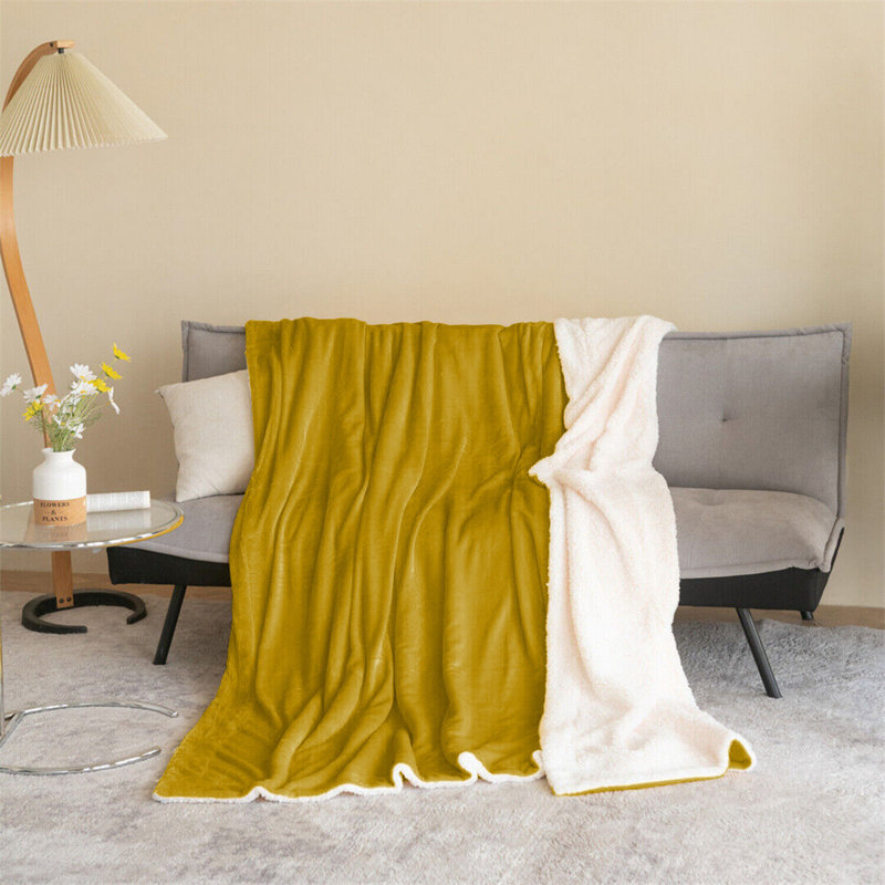 Diya Soft Sherpa Fleece Fur Thick Dual Sided Flannel Reversible Blanket Throw, W200 x L240cm, Ochre