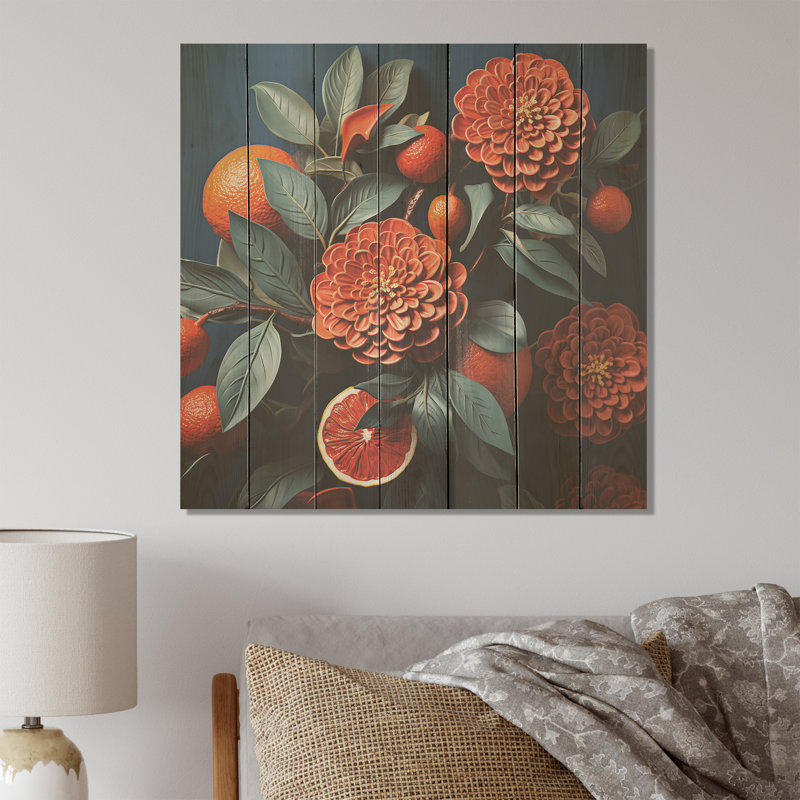 Zinnias orange sur fond orange - Zinnias sur bois, H 30 po x l 30 po