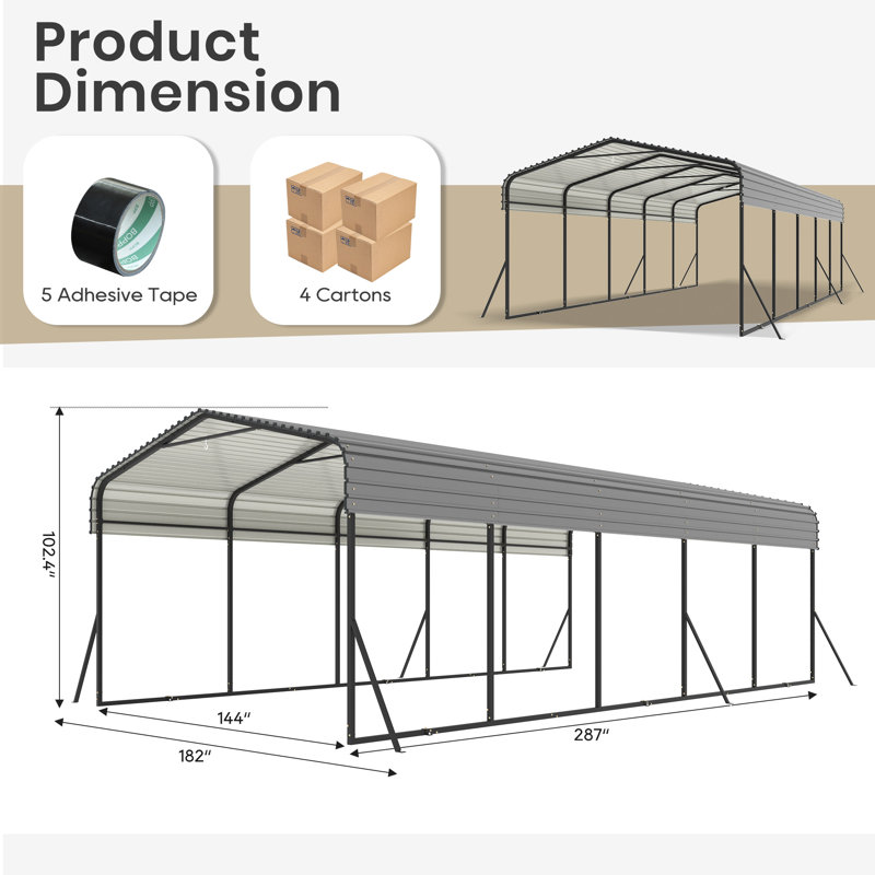 12x24 Ft Heavy-duty Metal Carport, Steel Carport With Waterproof Canopy, Outdoor Car Shelter For Cars, Boats