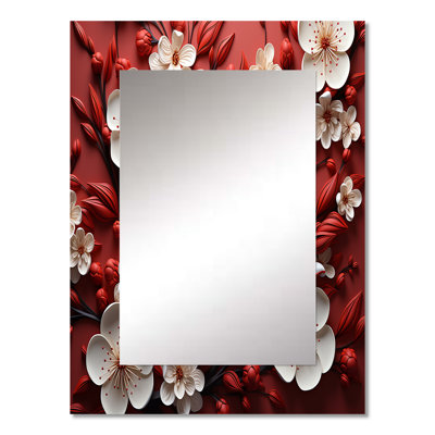 White and red orchid flower branches II - Floral Mirror, Red Unique Wall Mirror, Printed Metal Art