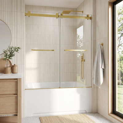 Porte de douche coulissante double sans cadre, verre trempé de 10 mm (3/8 po) avec pellicule anti-éclats, roulettes silencieuses en acier inoxydable