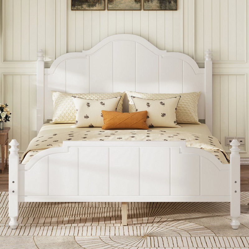 Caldera Vintage Wooden Platform Bed With Tall Headboard And Slats Support, White, Queen