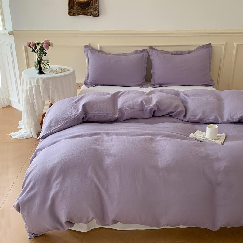 Ensemble de housse de couette 100% lin, Housse de couette double + 2 taies d'oreiller, Lilas