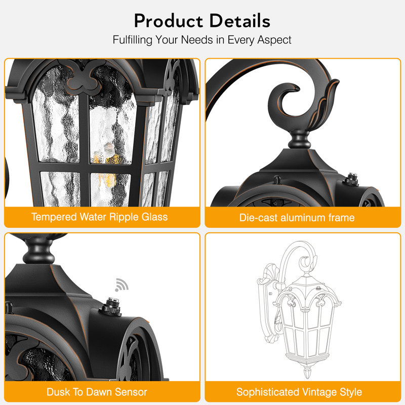 Applique murale d'extérieur noire Dusk to Dawn avec bordure dorée, aluminium imperméable et antirouille, Black(Gold Trim)