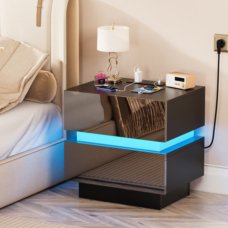 Bedside Table with 2 Drawers, Black Bedside Cabinet with LED Light & UK Charging Station 2AC/2USB, Wooden Side Table for Bedroom Living Room Sofa Side Corner Cabinet, UK Plug