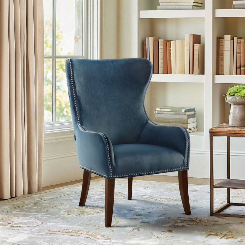 Braegan Traditional Wingback Button Tufted Upholstered Accent Armchair with Nailhead Trim, Cobalt Blue Polyester
