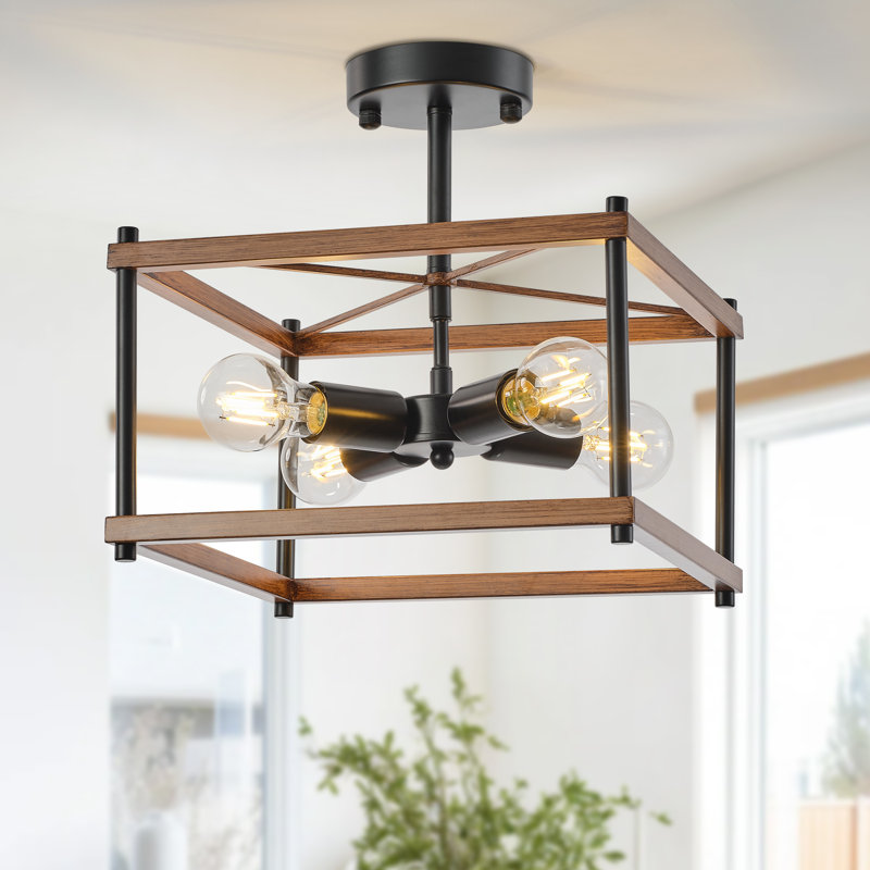 4-Light Farmhouse Lantern Semi Flush Mount Ceiling Light with Faux Wood Finish
