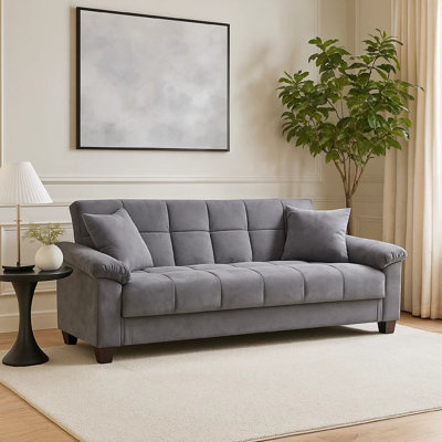 Tahira Convertible Sofa With Tapered Legs, Gray Box-Tufted Microfiber by Benjara