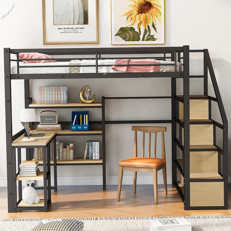 Lit mezzanine en métal avec escalier intégré et tablettes