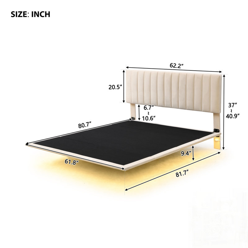 Grand lit tapissier avec lumière capteur et plateforme flottante en velours, design élégant et robuste