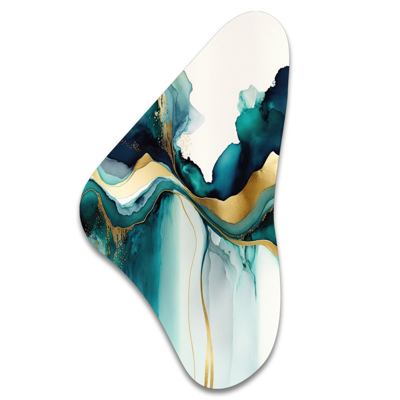 «Teal and Gold Abstract Expression I», art mural asymétrique abstrait à l'encre liquide en forme de Boomerang