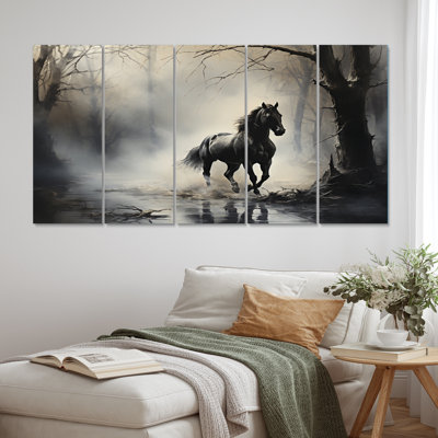 «Grey Horse Misty Morning Canter I» sur toile, reproduction de 5 pièces