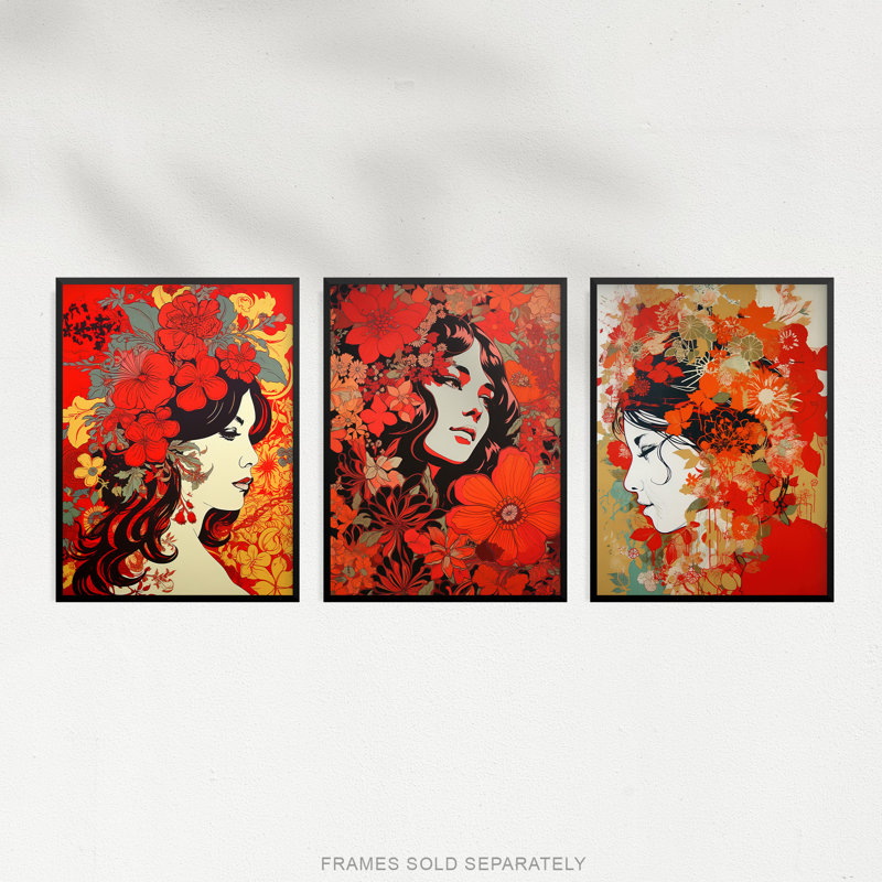Women Faces With Red Flowers Floral Artworks Boho Portraits - 3 Piece No Frame Print Set, 29.7cm H x 21cm W x 0.4cm D