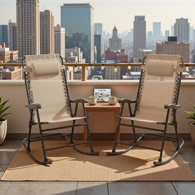 Set Of 2 Patio Folding Leisure Rocking Chair Set, Khaki