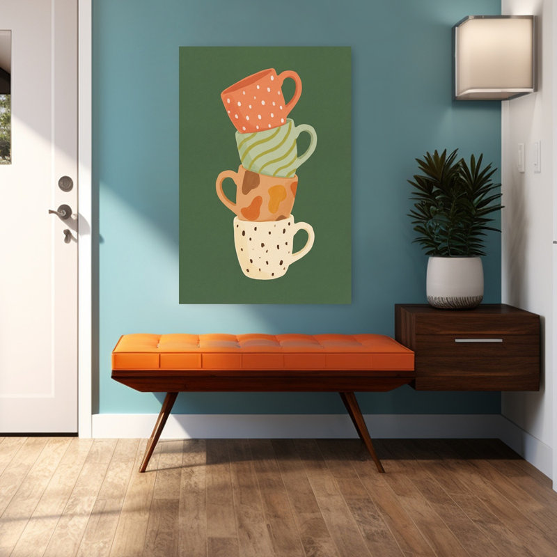 Cozy empilées tasses abstraites colorées, art mural rustique, H 48 po x l 32 po