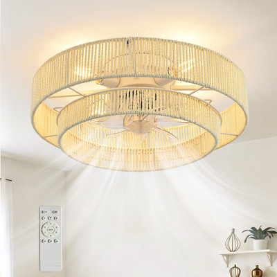 20 Inch Bohemian Rattan Cage Ceiling Fan With Light, 6-speed Remote Control, Quiet Pure Copper Motor, 4 E26 Sockets (bulbs Not Included) & Easy Flush Mount Installation
