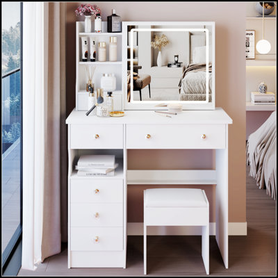 Table de coiffeuse de 37 pouces avec miroir coulissant à DEL, commande tactile, éclairage tricolore et rangement grande capacité pour les chambres spacieuses