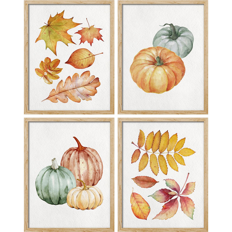 «Autumn Fall Thanksgiving Pumpkin Tree», reproduction de papier encadrée sur papier 4 pièces, Naturel, H 16 po x l 12 po