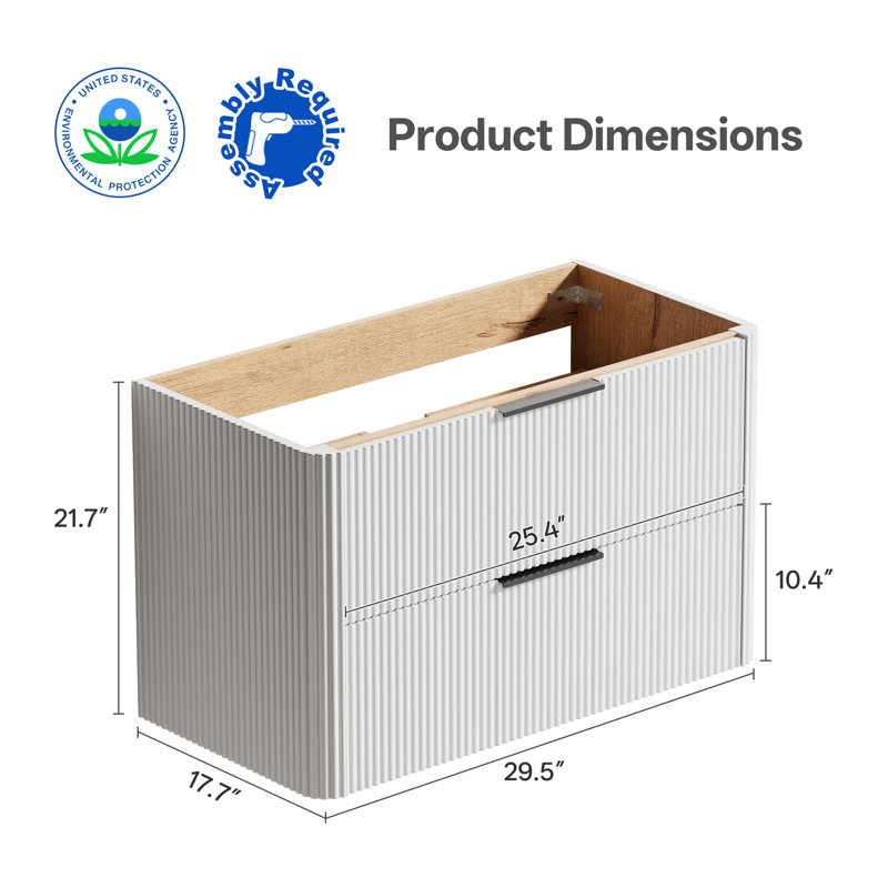 Meuble-lavabo simple de 91 cm (36 po) seulement, meuble suspendu avec garniture en bois cannelé et surface peinte résistante à l'eau