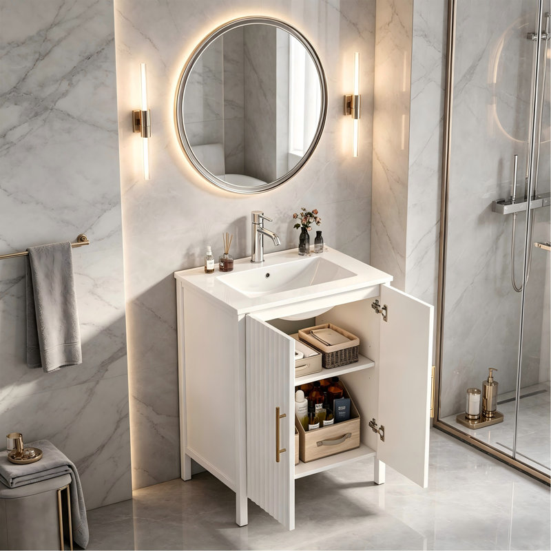 Meuble-lavabo 24 po avec lavabo, meuble-lavabo à panneau ondulé blanc brillant avec poignées en métal doré, tablette réglable, meuble de rangement autoportant moderne pour salle de bain