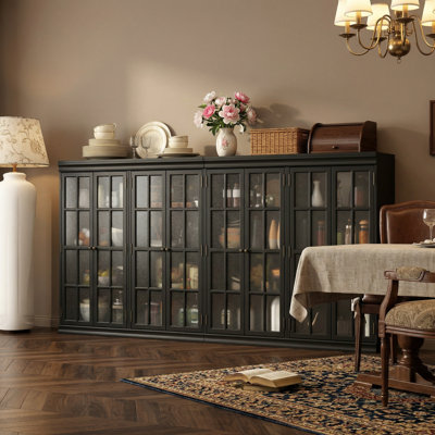 Amaziah 94.4" Elegant 8-Door Glass Display Sideboard with Fixed Shelves, Anti-Tip Kit