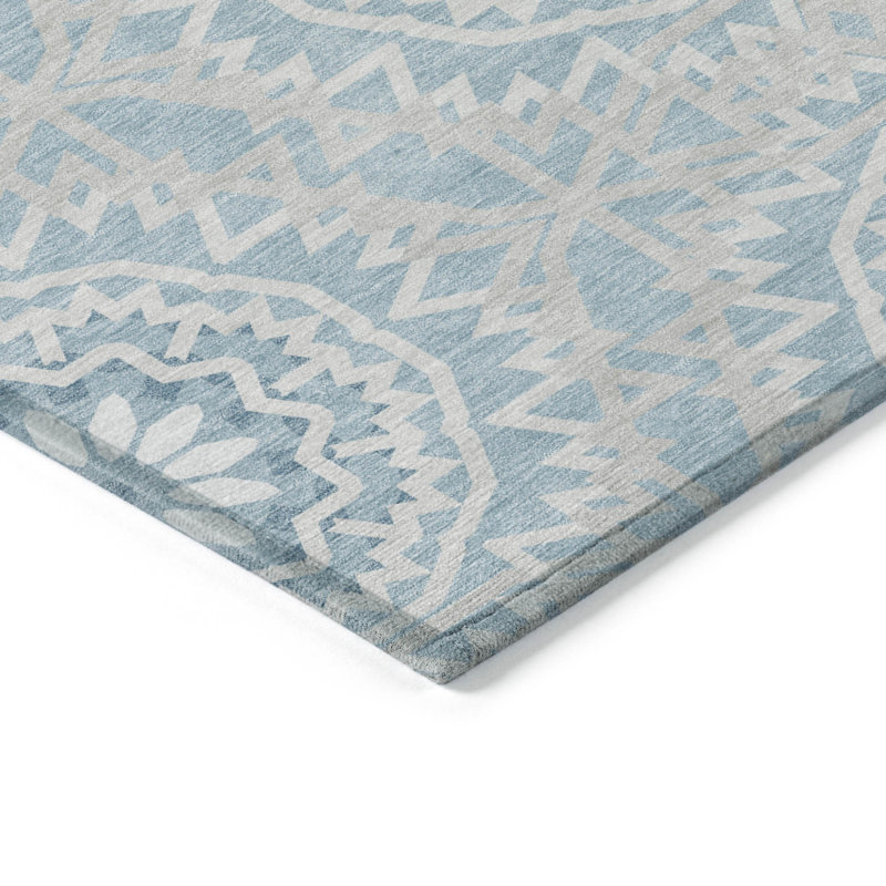 Tapis intérieur lavable 9 pi x 12 pi bleu et ivoire à médaillon floral