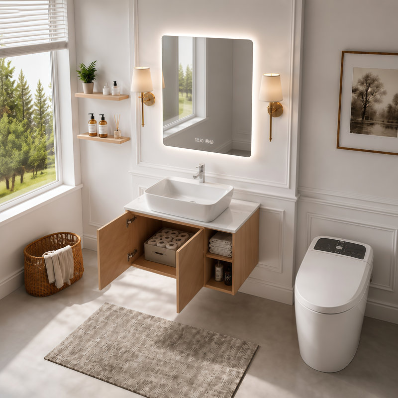 30 Inch Floating Bathroom Vanity, Wall Mounted Soft Oak Vanity Cabinet with White Ceramic Vessel Sink, Open Side Shelves and Hidden Storage, Modern Suspended Bathroom Cabinet