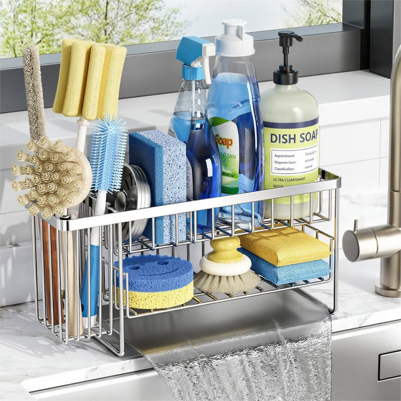 Silver 2-Tier Kitchen Sink Caddy Organzier Rack with Flexible Dish Brush Holder, Sponge Holder for Kitchen Sink Countertop Organization Storage
