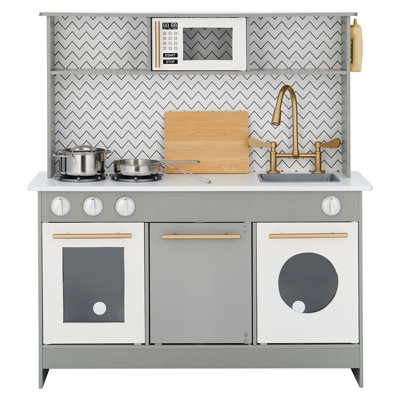 Teamson Kids Little Chef Berlin Wooden Play Kitchen with Gold Hardware, Accessories & Subway Tile Backsplash
